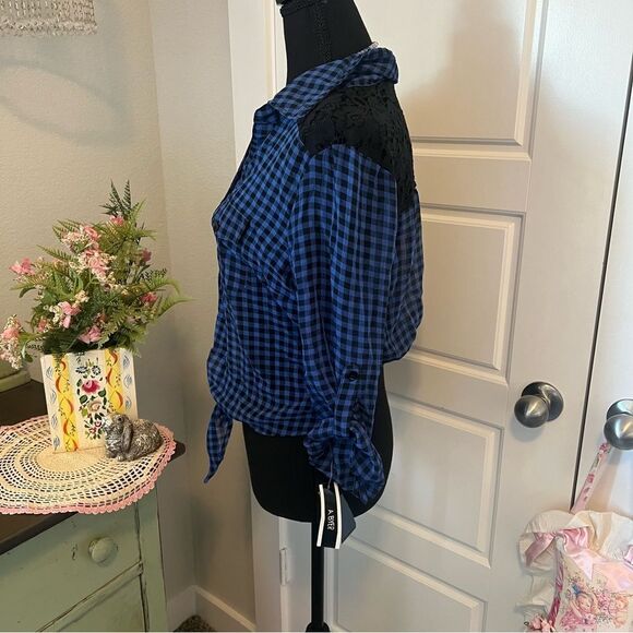 A. Byer NWT Blue Black Plaid Checkered Tie Front Button Up Lace Back Blouse Sz L - Picture 3 of 8